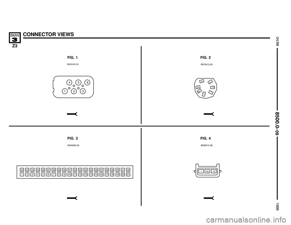 BMW Z3M ROADSTER 1998 E36 Electrical Troubleshooting Manual 

CONNECTOR VIEWS !""
	
#""$

FIG. 1
FIG. 3
B060043.00
(   
& % #
FIG. 2
)#%
)
(

 &
%
#
 %
#& & 
#% &&
## &%
# &#
" &
$ %"
) %$
( %)
 %(
  %
& % 
% %&
# %%#