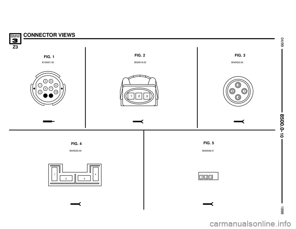 BMW Z3M ROADSTER 1998 E36 Electrical Troubleshooting Manual ##


CONNECTOR VIEWS !""
	
#""$

FIG. 1FIG. 2 FIG. 3
FIG. 5
FIG. 4
$ ) (
   &
% ##"
&#$%
% #&
 %&%
# %
&
 
3
&&(#
21
 &
#
%&  