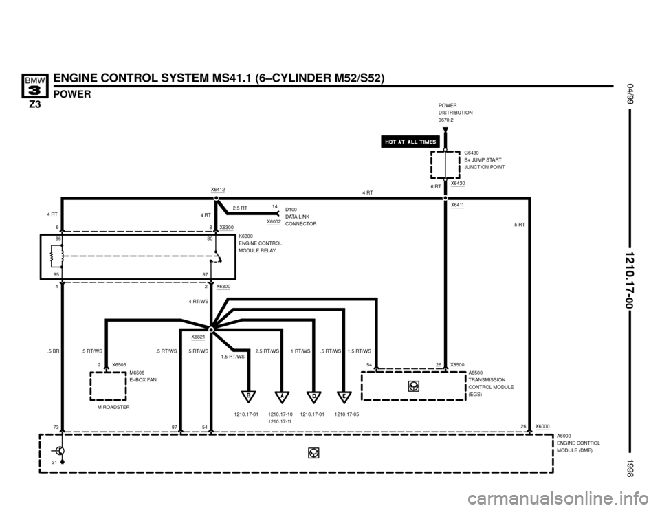 BMW Z3M ROADSTER 1998 E36 Electrical Troubleshooting Manual 

ENGINE CONTROL SYSTEM MS41.1 (6–CYLINDER M52/S52)
X6300
POWER
 !""

#""$

46
.5 RT
4 RT/WS
.5 RT/WS.5 BR
4 RT4 RT
8 X6300
73 5426 X6000
26 X8500
X6821
2
K6300
ENGINE CONTRO