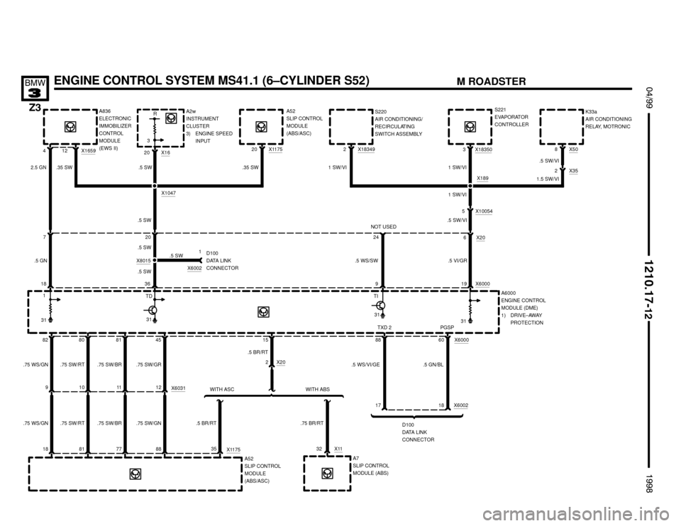BMW Z3M ROADSTER 1998 E36 Electrical Troubleshooting Manual 

ENGINE CONTROL SYSTEM MS41.1 (6–CYLINDER S52)
.5 VI/GR
 !""

#""$

X117520
7
3620
.35 SW
18
.5 GN
TD
A7
SLIP CONTROL
MODULE (ABS)

31X6000
19
5 X10054
.5 SW/VI
6 X20
3 X18