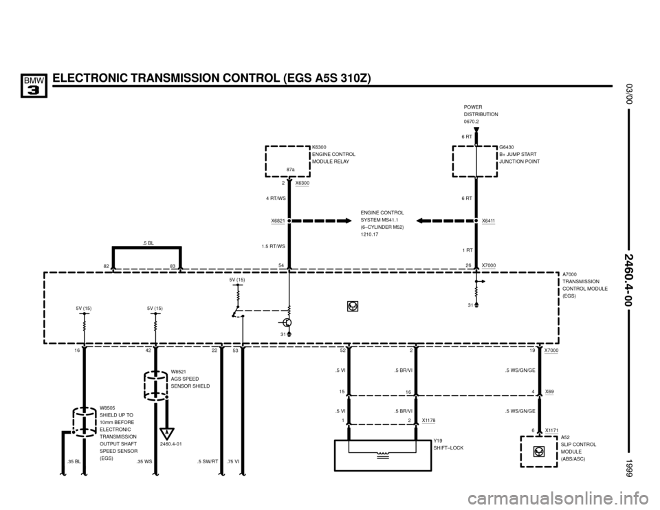 BMW 323i 1999 E36 Electrical Troubleshooting Manual 
	


ELECTRONIC TRANSMISSION CONTROL (EGS A5S 310Z)
26 X7000
X6411
K6300
ENGINE CONTROL
MODULE RELAY
16
W8505
SHIELD UP TO
10mm BEFORE
ELECTRONIC
TRANSMISSION
OUTPUT SHAFT
SPEED SE