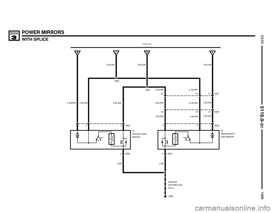 BMW 323i 1999 E36 Electrical Troubleshooting Manual WITH SPLICE

	


POWER MIRRORS
.5 BL/GN
.5 BL/SW
.5 SW/WS
.5 BL/WS.5 BL/SW
Y5
DRIVER’S SIDE
MIRROR 1
.5  BL/WS
.5 BL/SW
X851
2 X6233
Y6
PASSENGER’S
SIDE MIRROR .5 BL/WS
X850
.5