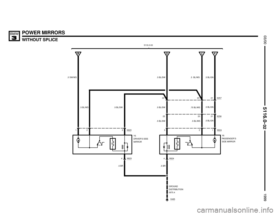 BMW 323i 1999 E36 Electrical Troubleshooting Manual WITHOUT SPLICE

	


POWER MIRRORS
.5 BL/GN.5 BL/SW.5 SW/WS
Y5
DRIVER’S SIDE
MIRROR 1.5  BL/WS
.5 BL/SW
2 X6233
Y6
PASSENGER’S
SIDE MIRROR .5 BL/WS
.5 BL/WS.5 BL/GN
.5 BL/GN
X25