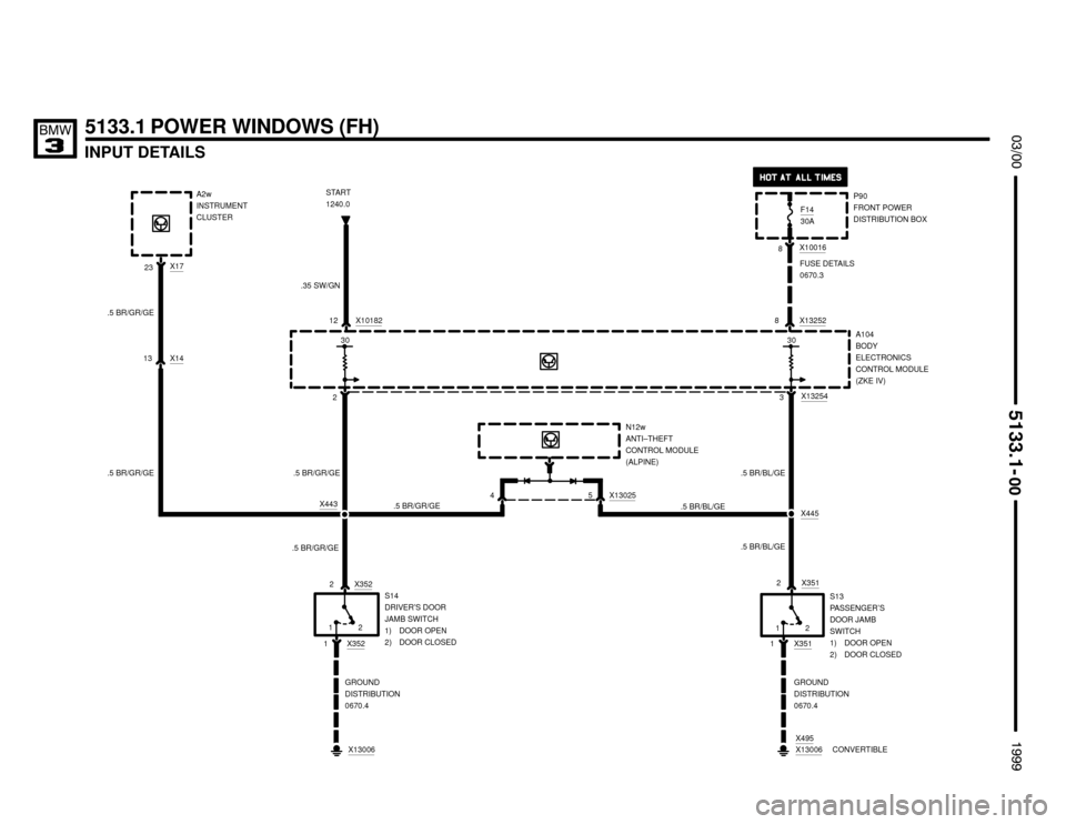 BMW 328i 1999 E36 Electrical Troubleshooting Manual 4




A104
BODY
ELECTRONICS
CONTROL MODULE
(ZKE IV)
S14
DRIVER’S DOOR
JAMB SWITCH
1) DOOR OPEN
2) DOOR CLOSED 2
.5 BR/GR/GE
12
S13
PASSENGER’S
DOOR JAMB
SWITCH
1) DOOR OPEN
2) DO