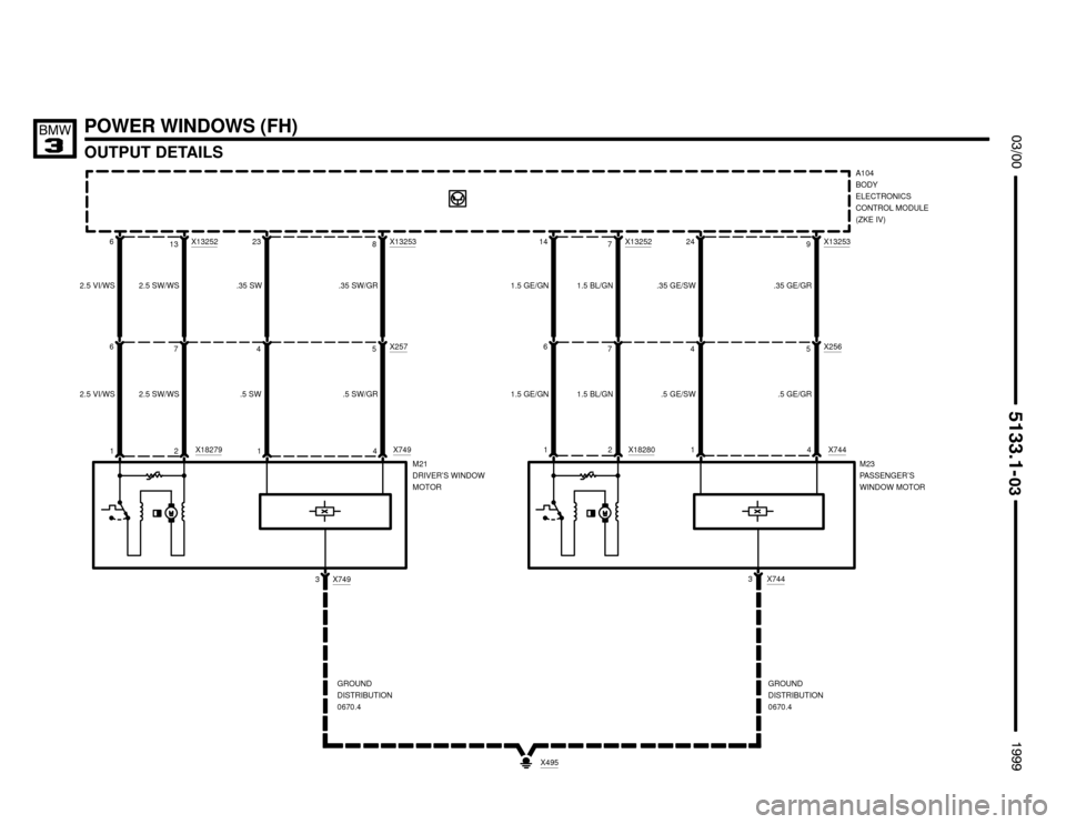 BMW 323i 1999 E36 Electrical Troubleshooting Manual POWER WINDOWS (FH)
OUTPUT DETAILS




2.5 VI/WS6
2A104
BODY
ELECTRONICS
CONTROL MODULE
(ZKE IV)

M21
DRIVER’S WINDOW
MOTOR
2.5 VI/WS6
2.5 SW/WS7
12.5 SW/WSX13252
13
.5 SW4
1 