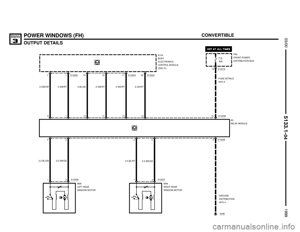 BMW 323i 1999 E36 Electrical Troubleshooting Manual 12 X13254
20 X1325515
11
3 1
1
POWER WINDOWS (FH)
OUTPUT DETAILS




2
1A104
BODY
ELECTRONICS
CONTROL MODULE
(ZKE IV)

.5 SW/GR7
2 X13256
.5 SW/RT
M98
LEFT REAR
WINDOW MOTOR 9
