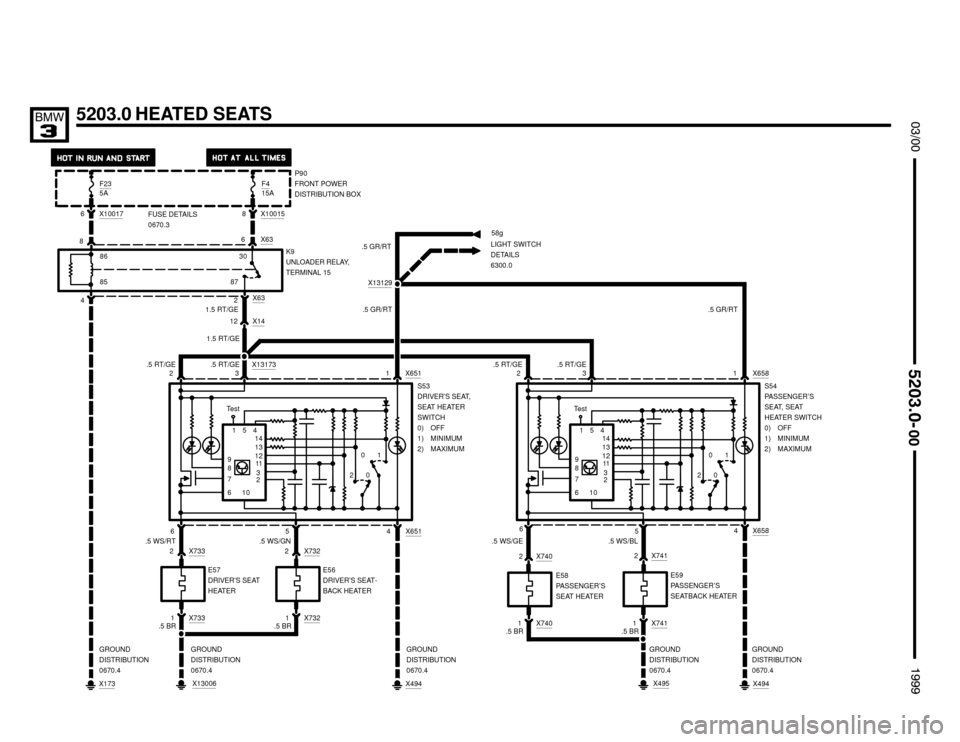 BMW M3 1999 E36 Electrical Troubleshooting Manual X494
GROUND
DISTRIBUTION
0670.4 GROUND
DISTRIBUTION
0670.4 X13173GROUND
DISTRIBUTION
0670.4
1.5 RT/GE
4
X63
.5 RT/GE




5203.0 HEATED SEATS
X100176
8730P90
FRONT POWER
DISTRIBUTI