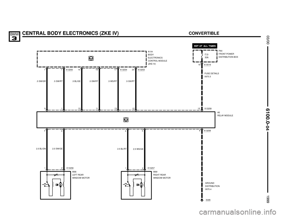 BMW 323i 1999 E36 Electrical Troubleshooting Manual 12 X13254
20 X1325515
11
3 1
1
CENTRAL BODY ELECTRONICS (ZKE IV)
	


2
1A104
BODY
ELECTRONICS
CONTROL MODULE
(ZKE IV)

.5 SW/GR7
2 X13256
.5 SW/RT
M98
LEFT REAR
WINDOW MOTOR 9
A