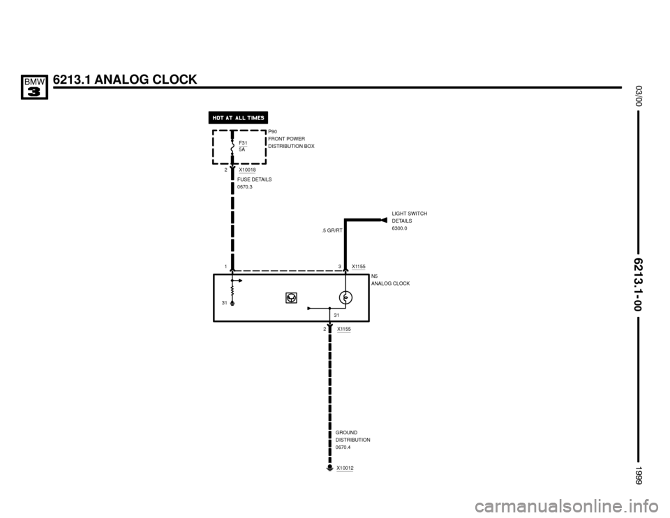 BMW 328i 1999 E36 Electrical Troubleshooting Manual 6213.1 ANALOG CLOCK
	

31
P90
FRONT POWER
DISTRIBUTION BOX
2 X10018
13
.5 GR/RT
LIGHT SWITCH
DETAILS
6300.0
X1155
2 X1155
X10012
GROUND
DISTRIBUTION
0670.4
F315A
FUSE DETAILS
0670.