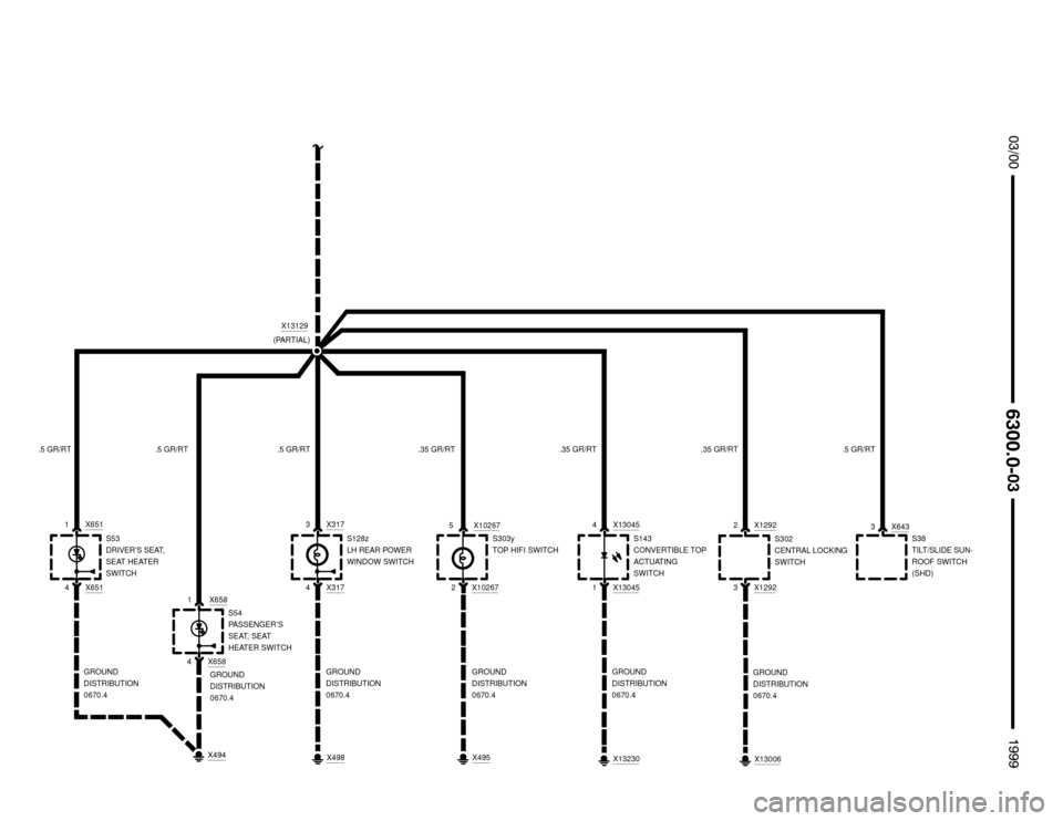 BMW 323i 1999 E36 Electrical Troubleshooting Manual 
	

.5 GR/RT
X13129

GROUND
DISTRIBUTION
0670.4.5 GR/RT
1 X658
S53
DRIVER’S SEAT,
SEAT HEATER
SWITCH
X6511
X6514
GROUND
DISTRIBUTION
0670.4
S54
PASSENGER’S
SEAT, SEAT
HEATER SWITC