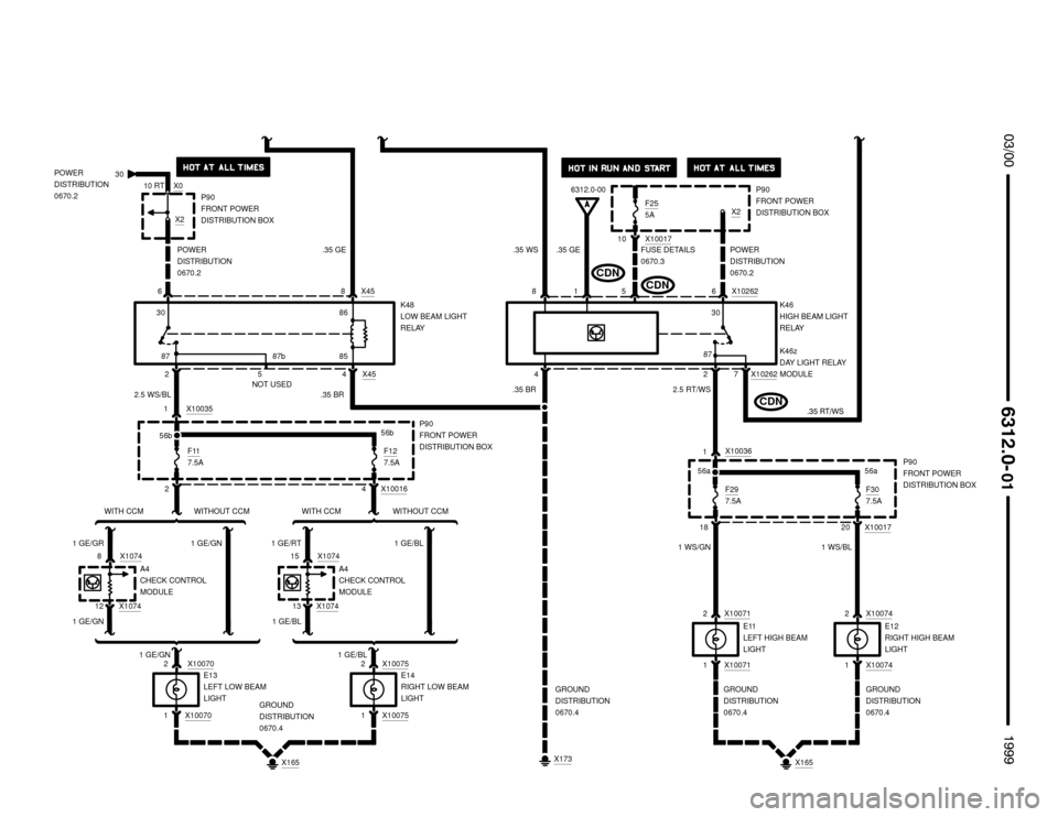 BMW M3 1999 E36 Electrical Troubleshooting Manual E13
LEFT LOW BEAM
LIGHT
X10262

	


181X10036
P90
FRONT POWER
DISTRIBUTION BOX 56a
6POWER
DISTRIBUTION
0670.28 X45
.35 GE
87
2 X454
2.5 WS/BL
6
42 .35 WS POWER
DISTRIBUTION
0670.2
8
K