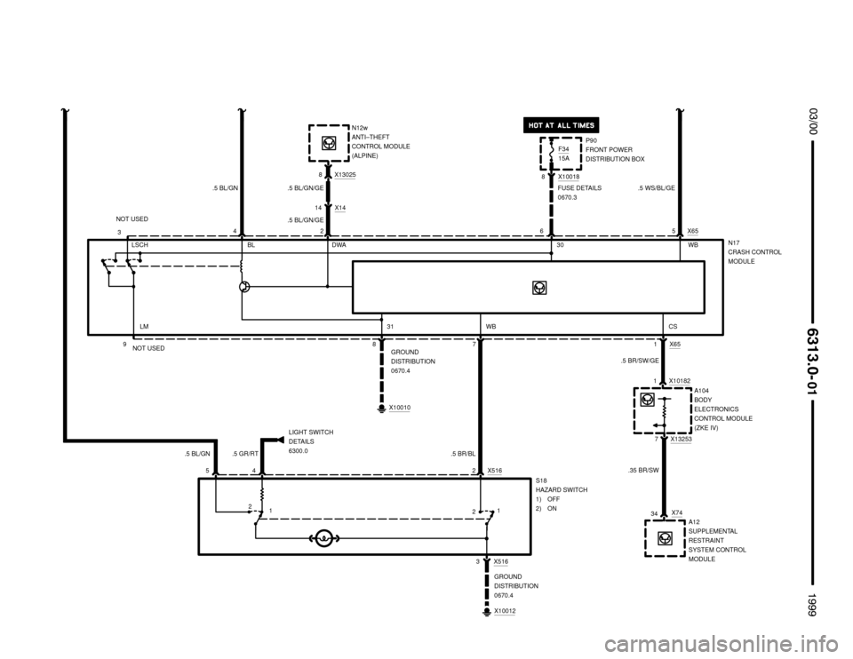 BMW 328i 1999 E36 Electrical Troubleshooting Manual 2 X516

	


9 3
GROUND
DISTRIBUTION
0670.4
N17
CRASH CONTROL
MODULE
.5 BL/GN.5 WS/BL/GE
45 X65
8 7 X651
.5 BR/SW/GE
.5 BR/BL
S18
HAZARD SWITCH
1) OFF
2) ON
X516
3 54
.5 BL/GN.5 GR/RT
