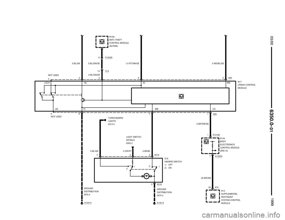 BMW M3 1999 E36 Electrical Troubleshooting Manual NOT USED

	


.5 WS/BL/GE
N17
CRASH CONTROL
MODULE30
6X65
X651
.5 BR/SW/GE LSCH
LM 31CS8
3
.5 BL/GN
TURN/HAZARD
LIGHTS
6313.0
WB 5 4BL
X101821A104
BODY
ELECTRONICS
CONTROL MODULE
(ZKE