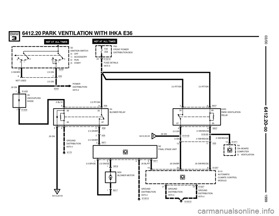 BMW 328i 1999 E36 Electrical Troubleshooting Manual 
	


6412.20 PARK VENTILATION WITH IHKA E36
P90
FRONT POWER
DISTRIBUTION BOX
8 X586
X1001620
42
FUSE DETAILS
0670.3
2.5 RT/GN
X8171GROUND
DISTRIBUTION
0670.4
X10012
K4
BLOWER RELA