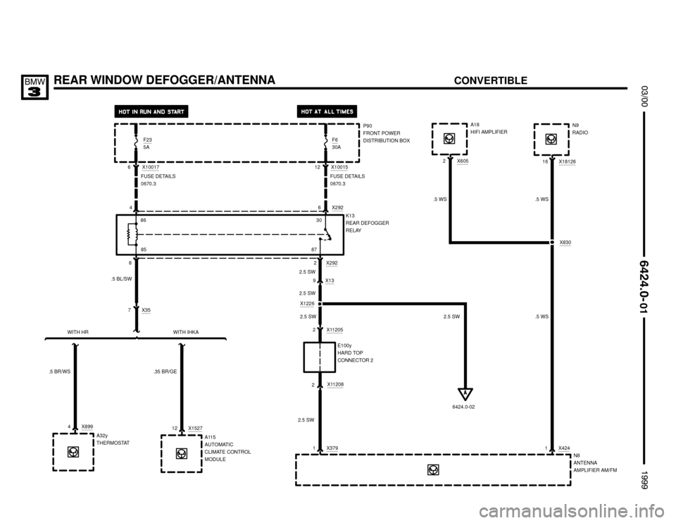 BMW 323i 1999 E36 Electrical Troubleshooting Manual X292

2 X2928
REAR WINDOW DEFOGGER/ANTENNA
	


P90
FRONT POWER
DISTRIBUTION BOX F6
30A
 
K13
REAR DEFOGGER
RELAY
86
8530
87
2.5 SW
.5 BL/SW
6 X1001712 X10015
46
9 X13
F235