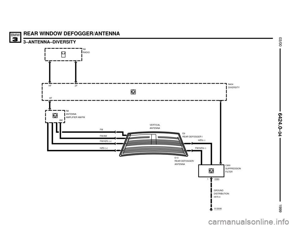 BMW 328i 1999 E36 Electrical Troubleshooting Manual REAR WINDOW DEFOGGER/ANTENNA
3–ANTENNA–DIVERSITY

	


E10
REAR DEFOGGER/
ANTENNA N9
RADIO
N404
DIVERSITY
VERTICAL
ANTENNA
C900
SUPPRESSION
FILTER
GROUND
DISTRIBUTION
0670.4
N8

