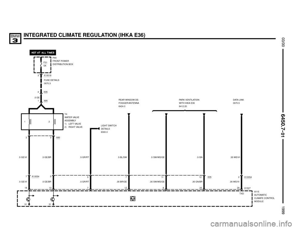 BMW 323i 1999 E36 Electrical Troubleshooting Manual 
	



INTEGRATED CLIMATE REGULATION (IHKA E36)
A115
AUTOMATIC
CLIMATE CONTROL
MODULE 1 X85
Y4
WATER VALVE
ASSEMBLY
1) LEFT VALVE
2) RIGHT VALVE
X853
.5 GE/BR
3
.5 GE/BR
X100182
FUSE
