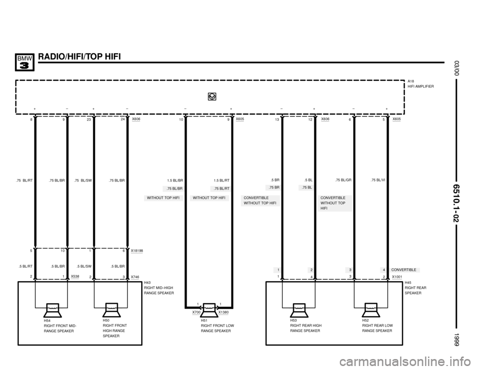 BMW M3 1999 E36 Electrical Troubleshooting Manual 4321
.75 BL/BR.75 BR.75 BL.75 BL/RT

.5 BL/BR.5 BL/RT
RADIO/HIFI/TOP HIFI
	


 
H54
RIGHT FRONT MID-
RANGE SPEAKERH50
RIGHT FRONT
HIGH RANGE
SPEAKERH51
RIGHT FRONT LOW
RAN