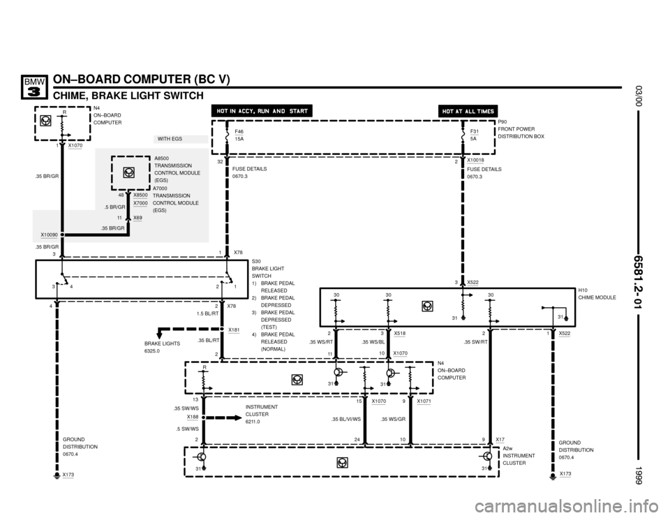 BMW 328i 1999 E36 Electrical Troubleshooting Manual WITH EGS
X181
ON–BOARD COMPUTER (BC V)
CHIME, BRAKE LIGHT SWITCH

	


A2w
INSTRUMENT
CLUSTER
30
1.5 BL/RT
.35 SW/RT 32
FUSE DETAILS
0670.3
1
H10
CHIME MODULE
X78 2
2 X522
GROUND
