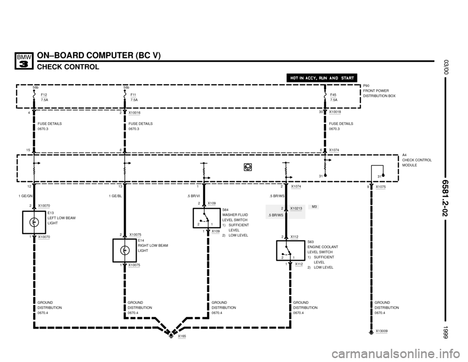 BMW M3 1999 E36 Electrical Troubleshooting Manual ON–BOARD COMPUTER (BC V)
CHECK CONTROL

	


212
E14
RIGHT LOW BEAM
LIGHT 1 GE/GN
F457.5A
X10070
2
1
F127.5A
56b 56b
X10016
2 430
A4
CHECK CONTROL
MODULE
1 2
X13009
1 2 8 15
6
13 