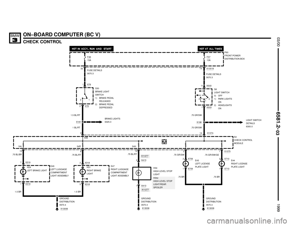 BMW 328i 1999 E36 Electrical Troubleshooting Manual X11277
ON–BOARD COMPUTER (BC V)
CHECK CONTROL

	


 
F3710A
 
21 X1075
0 2
1
E43
LEFT LICENSE
PLATE LIGHT
1E44
RIGHT LICENSE
PLATE LIGHT 2
1 2
X13006
GROUND
DISTRIBUTION
0670.4
.