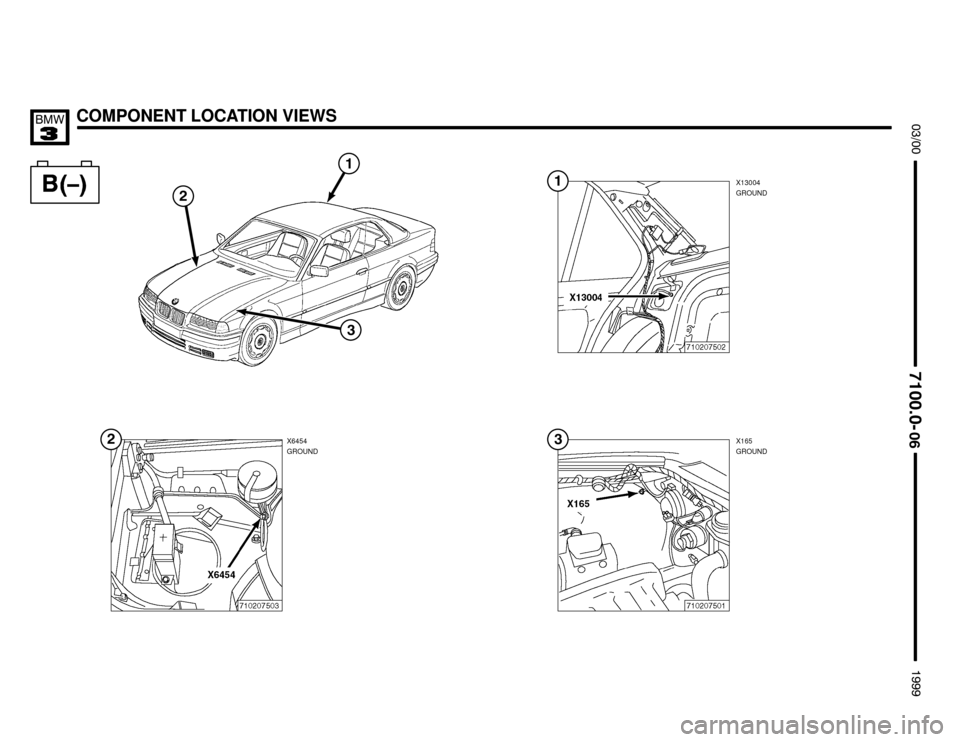 BMW 323i 1999 E36 Electrical Troubleshooting Manual COMPONENT LOCATION VIEWS



	

X13004
GROUND
X165
GROUND X6454
GROUND


 