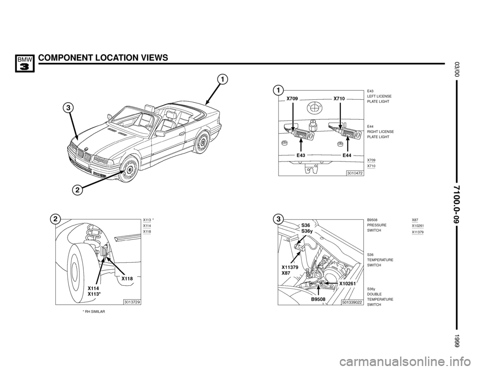 BMW 323i 1999 E36 Electrical Troubleshooting Manual COMPONENT LOCATION VIEWS




E43
LEFT LICENSE
PLATE LIGHT
B9508
PRESSURE
SWITCH X113
X114X118
S36
TEMPERATURE
SWITCHX87
X10261
X11379
E44
RIGHT LICENSE
PLATE LIGHT
X709
