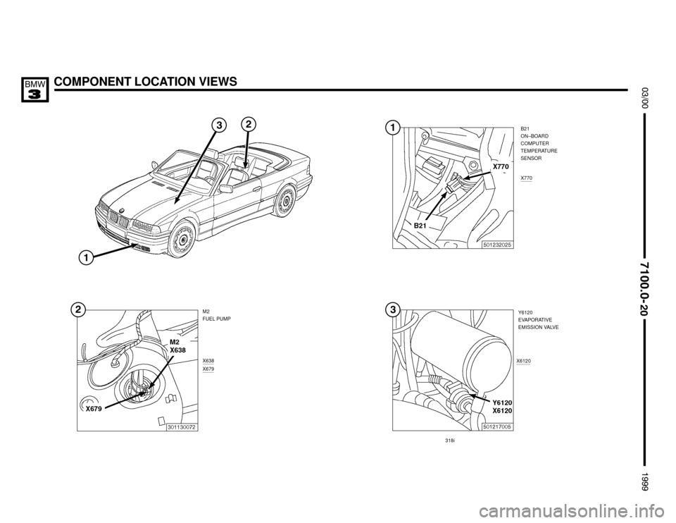 BMW 323i 1999 E36 Electrical Troubleshooting Manual COMPONENT LOCATION VIEWS



M2
FUEL PUMP
X6120
X638X679
318iY6120
EVAPORATIVE
EMISSION VALVE

B21
ON–BOARD
COMPUTER
TEMPERATURE
SENSOR
X770

 