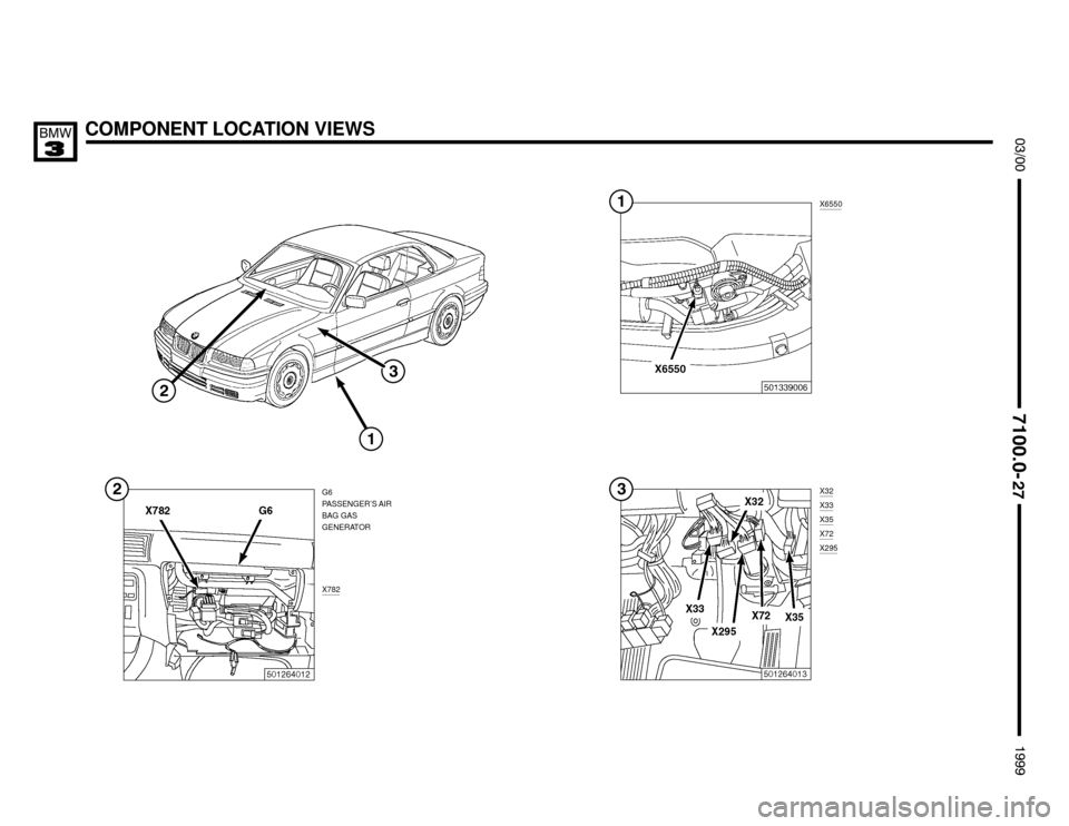 BMW 323i 1999 E36 Electrical Troubleshooting Manual COMPONENT LOCATION VIEWS





G6
PASSENGER’S AIR
BAG GAS
GENERATOR

X782
X6550

X32
X33
X35
X72
X295


 