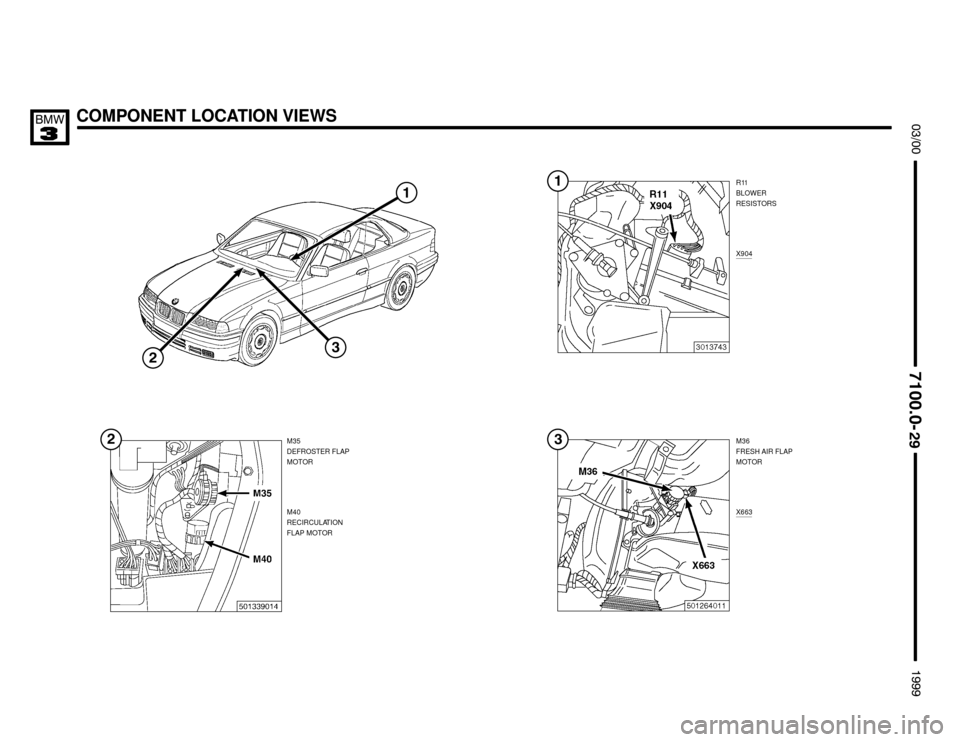 BMW M3 1999 E36 Electrical Troubleshooting Manual COMPONENT LOCATION VIEWS




R11
BLOWER
RESISTORS
M36
FRESH AIR FLAP
MOTOR M35
DEFROSTER FLAP
MOTOR
M40
RECIRCULATION
FLAP MOTORX904X663


 