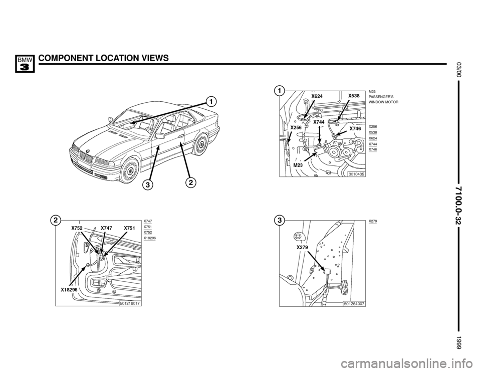 BMW 323i 1999 E36 Electrical Troubleshooting Manual COMPONENT LOCATION VIEWS





M23
PASSENGER’S
WINDOW MOTOR
X747
X751X752X18296

X256X538X624X744X746
X279


 