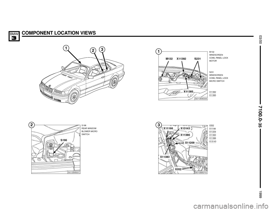 BMW M3 1999 E36 Electrical Troubleshooting Manual X352X11166X11209X11383X11386X13143
S231
WINDSCREEN
COWL PANEL LOCK
MICRO SWITCH
COMPONENT LOCATION VIEWS




M132
WINDSCREEN
COWL PANEL LOCK
MOTOR
S196
REAR WINDOW
BLOWER