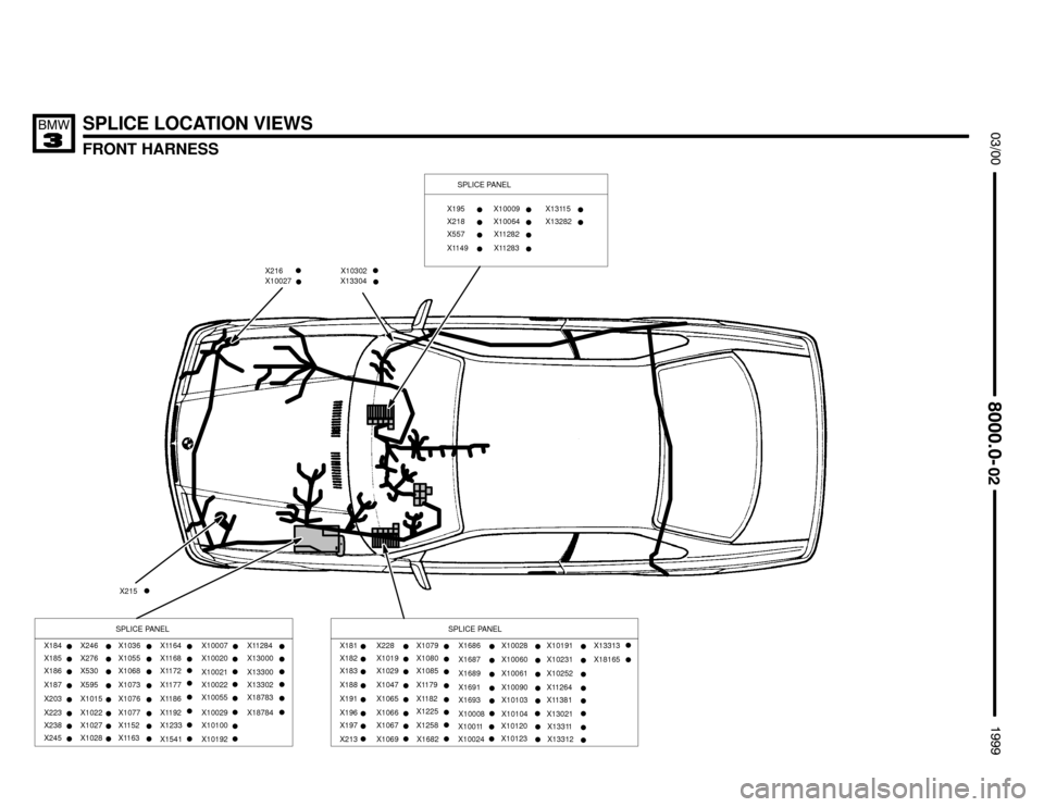 BMW 328i 1999 E36 Electrical Troubleshooting Manual SPLICE LOCATION VIEWS
FRONT HARNESS




X216X10027
X215

X13304X10302

SPLICE PANEL
 




X195
X218
X557
X1149X10009
X10064
X11282
X11283


X13115
X13282
X1