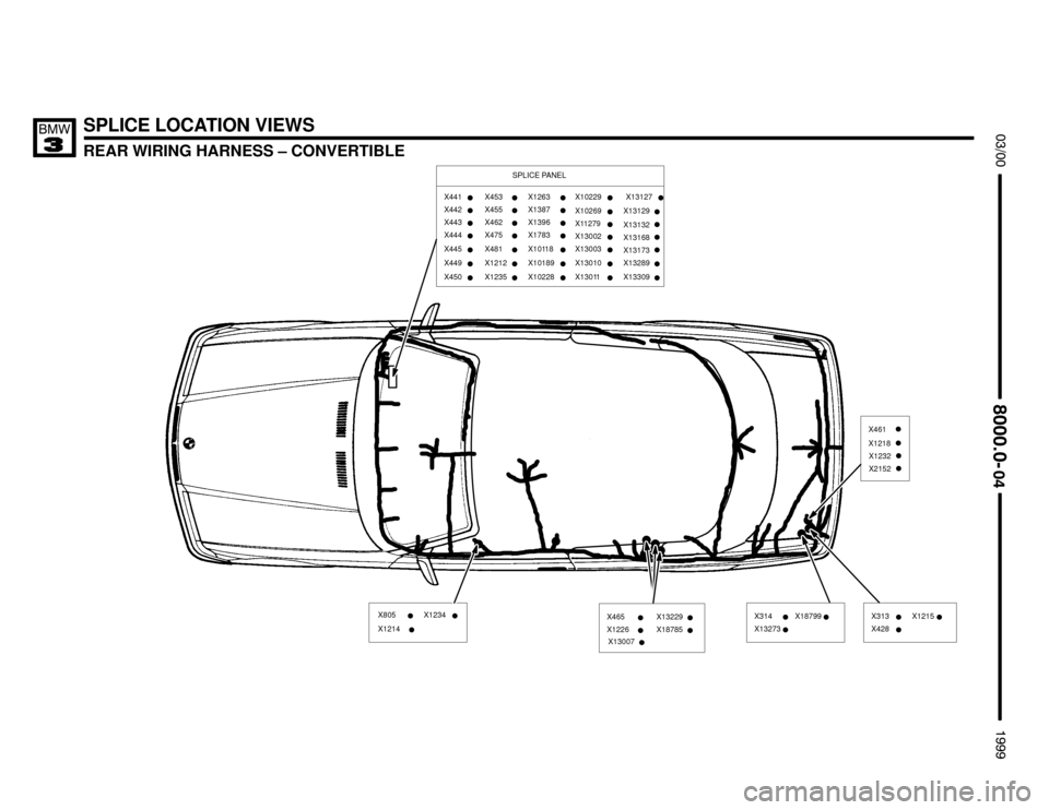 BMW 323i 1999 E36 Electrical Troubleshooting Manual X1234X805
X465
X1226
X13007
SPLICE LOCATION VIEWS
REAR WIRING HARNESS – CONVERTIBLE





X314
X13273X18799
X313
X428X1215





X441
X449 X445
X444 X443
X4