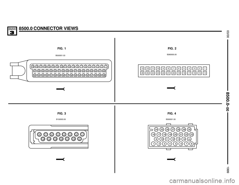 BMW 328i 1999 E36 Electrical Troubleshooting Manual 8500.0 CONNECTOR VIEWS



0


      
    
   
 

 
 
     
 
 
 
 

FIG. 1FIG. 2
FIG. 4

0
 
 
 

 