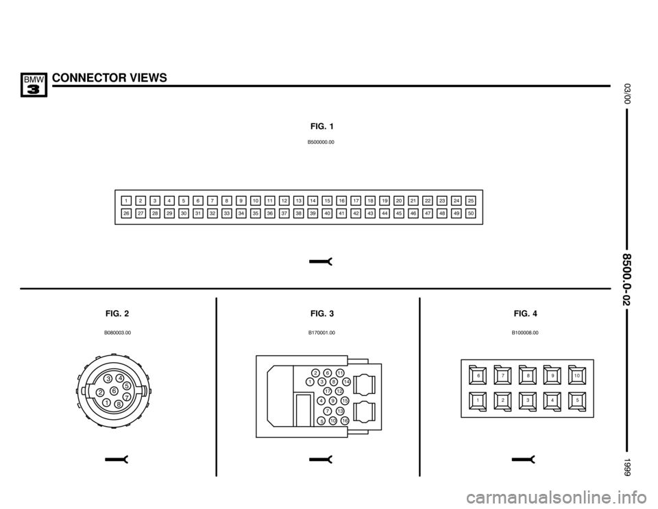 BMW 328i 1999 E36 Electrical Troubleshooting Manual CONNECTOR VIEWS



 





FIG. 1
FIG. 4 FIG. 2

0
67 8
123910
45
0
   
        

 
 
 
 
 
 

 
