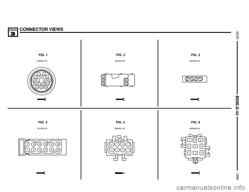 BMW M3 1999 E36 Electrical Troubleshooting Manual CONNECTOR VIEWS



FIG. 1 FIG. 2 FIG. 3
FIG. 6 FIG. 5 FIG. 4

0

  
 
 0
  

   0


0
 
    
0
