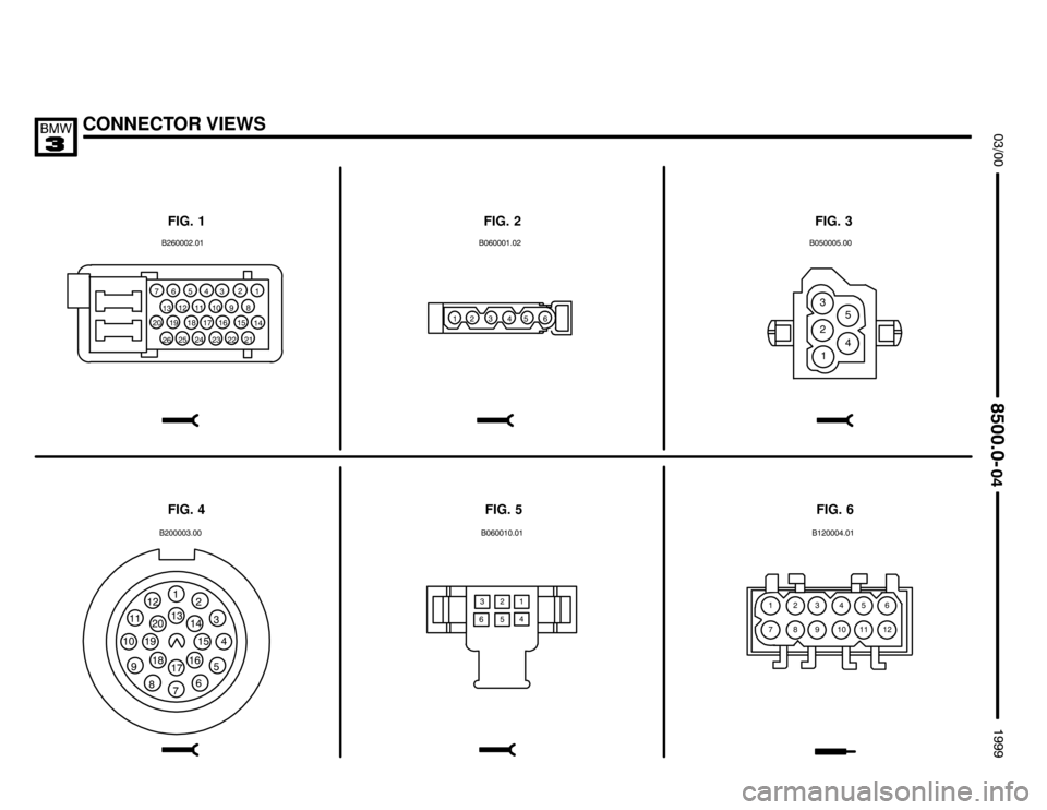 BMW M3 1999 E36 Electrical Troubleshooting Manual CONNECTOR VIEWS





0

0
      
    
 
    

 

 
 
 



FIG. 1 FIG. 2 FIG. 3
FIG. 6 FIG. 5 FIG. 4








   