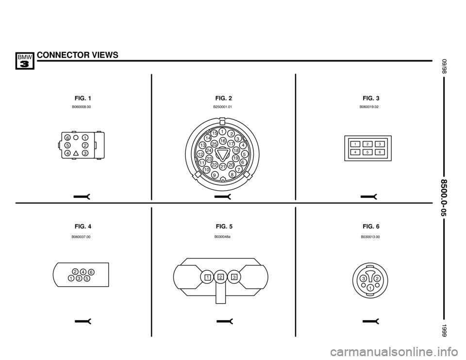 BMW 323i 1999 E36 Electrical Troubleshooting Manual CONNECTOR VIEWS



FIG. 1 FIG. 2 FIG. 3
FIG. 5 FIG. 4

















 

 






0





0


0

