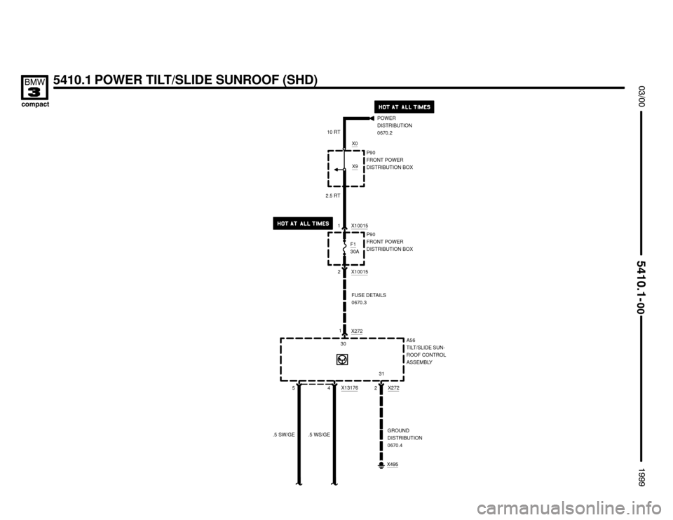BMW 318ti 1999 E36 Electrical Troubleshooting Manual 5410.1 POWER TILT/SLIDE SUNROOF (SHD)




	

31
2X272
A56
TILT/SLIDE SUN-
ROOF CONTROL
ASSEMBLY 30
4X13176
.5 WS/GE 5.5 SW/GE

GROUND
DISTRIBUTION
0670.4
X2721
POWER
DIST