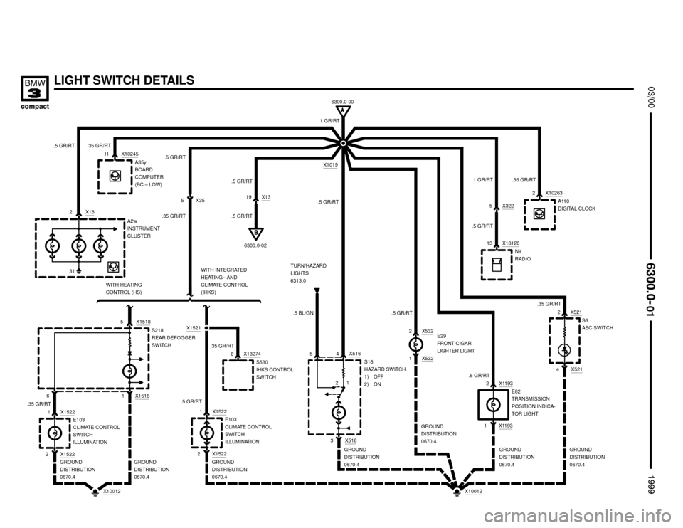 BMW 318ti 1999 E36 Electrical Troubleshooting Manual 



6300.0-00
2 X16
31X1019
A2w
INSTRUMENT
CLUSTER .5 GR/RT
.5 GR/RT1 GR/RT
11 X10245A35y
BOARD
COMPUTER
(BC – LOW) .35 GR/RT
LIGHT SWITCH DETAILS
	

WITH INTEGRATED
HEATIN
