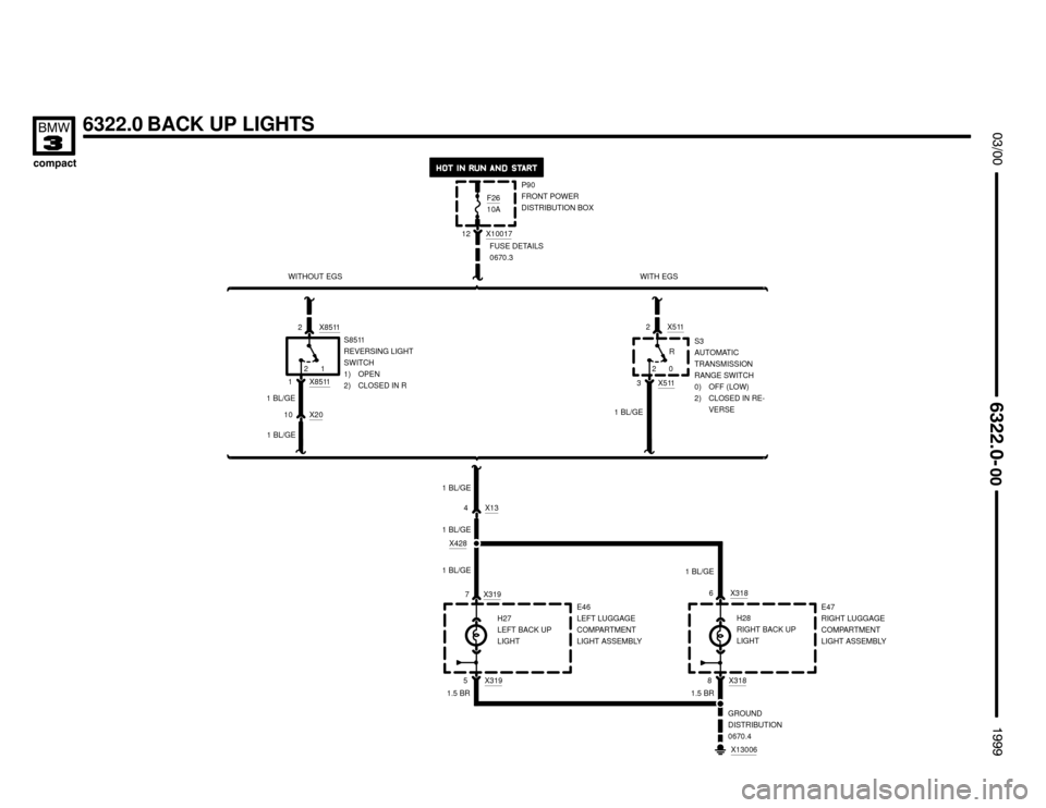 BMW 318ti 1999 E36 Electrical Troubleshooting Manual 6322.0 BACK UP LIGHTS



P90
FRONT POWER
DISTRIBUTION BOX
12
X10017
F2610A
 
3 X511
2 X511
5 X319
20S3
AUTOMATIC
TRANSMISSION
RANGE SWITCH
0) OFF (LOW)
2) CLOSED IN RE-
V