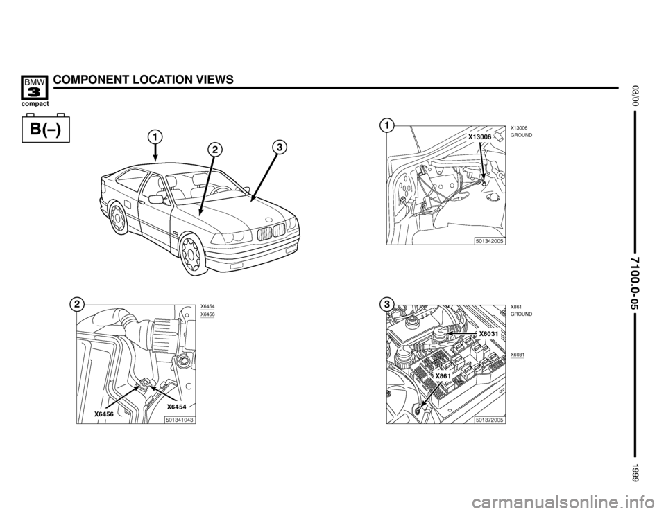 BMW 318ti 1999 E36 Electrical Troubleshooting Manual X13006
GROUND
COMPONENT LOCATION VIEWS




	


X6456X6454

X861
GROUND

X6031
 