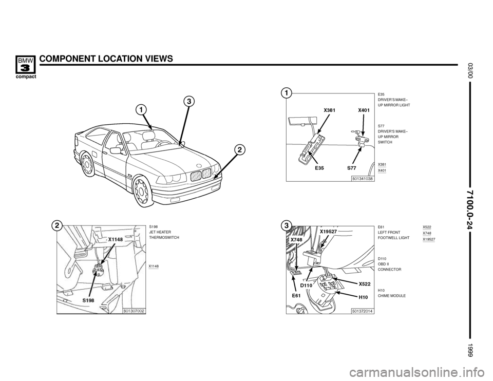 BMW 318ti 1999 E36 Electrical Troubleshooting Manual COMPONENT LOCATION VIEWS



	



E35
DRIVER’S MAKE–
UP MIRROR LIGHT
X381
X401
S77
DRIVER’S MAKE–
UP MIRROR
SWITCH

E61
LEFT FRONT
FOOTWELL LIGHTX522X748X1