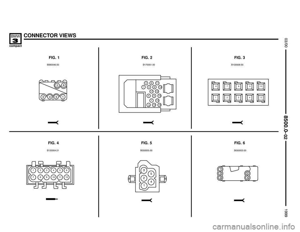 BMW 318ti 1999 E36 Electrical Troubleshooting Manual CONNECTOR VIEWS



FIG. 1 FIG. 2 FIG. 3
FIG. 6 FIG. 5 FIG. 4



 
 
 
1

1
67 8
123910
45

1

   


