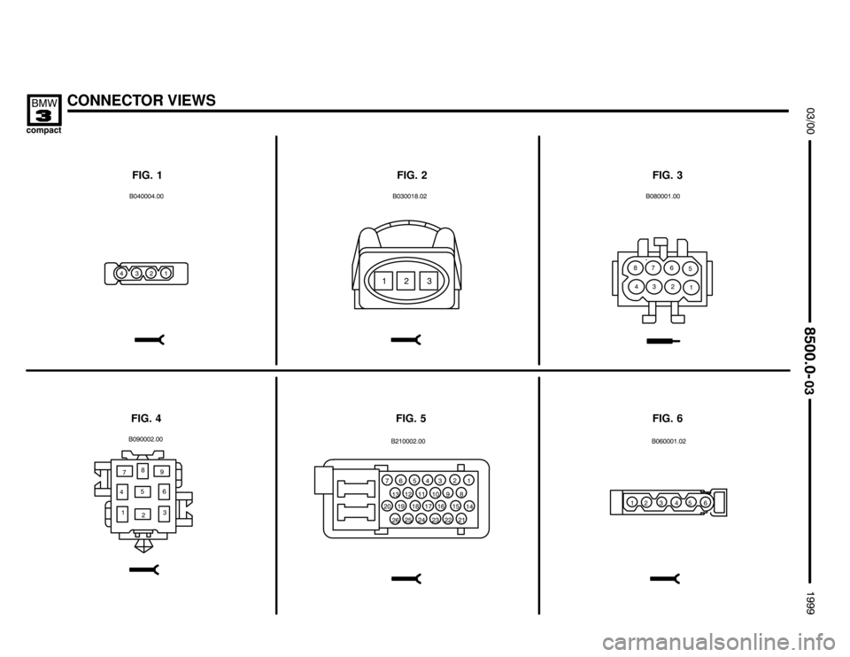 BMW 318ti 1999 E36 Electrical Troubleshooting Manual CONNECTOR VIEWS



FIG. 1 FIG. 2 FIG. 3
FIG. 6 FIG. 5 FIG. 4

 
 1
  

   1

1


  

 



1
      
   