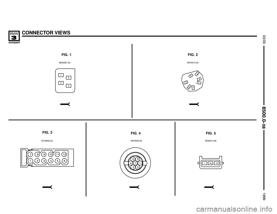 BMW 318ti 1999 E36 Electrical Troubleshooting Manual CONNECTOR VIEWS



FIG. 1FIG. 2

	


1




1
 
    
FIG. 3





1
FIG. 4
21
FIG. 5

1



