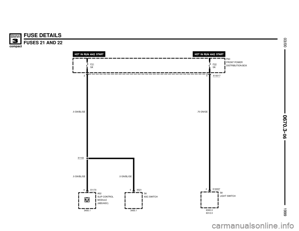 BMW 318ti 1999 E36 Electrical Troubleshooting Manual 
FUSES 21 AND 22




FUSE DETAILS
P90
FRONT POWER
DISTRIBUTION BOX
S8
LIGHT SWITCH 2 X18337
F225A
4
.75 GN/GE
6300.0
F215A
2X10017
.5 GN/BL/GE
X1163
A52
SLIP CONTROL
MODULE
