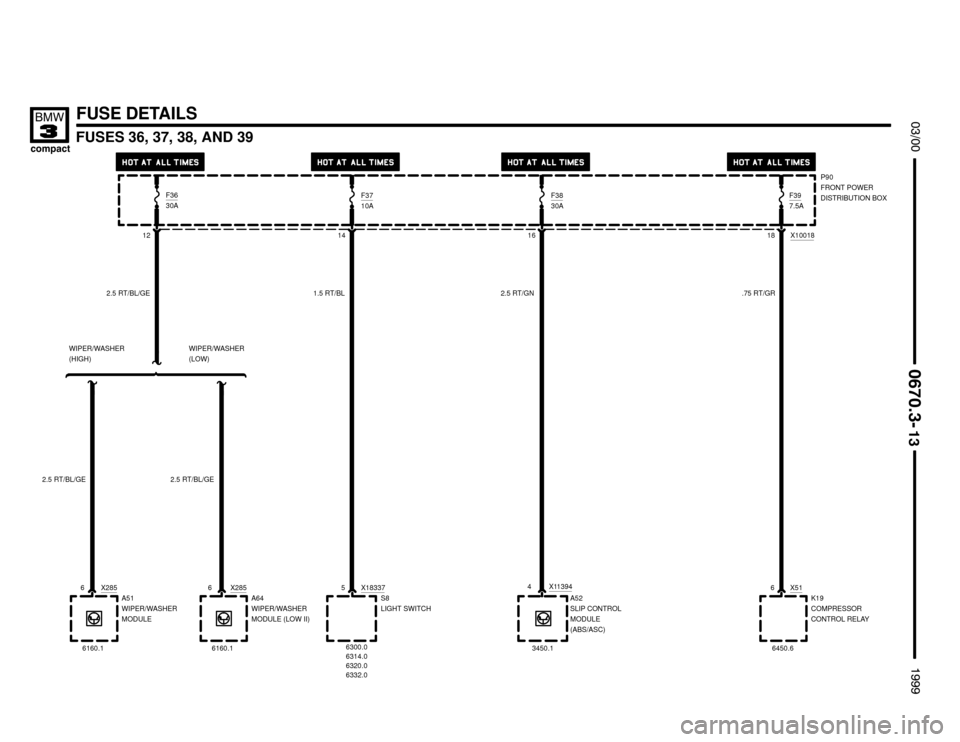 BMW 318ti 1999 E36 Electrical Troubleshooting Manual FUSES 36, 37, 38, AND 39




FUSE DETAILS
F3630A

12
X183375
S8
LIGHT SWITCHX516
K19
COMPRESSOR
CONTROL RELAYX2856
A51
WIPER/WASHER
MODULE
6160.1F37
10A
14
F3830A
1618 X1