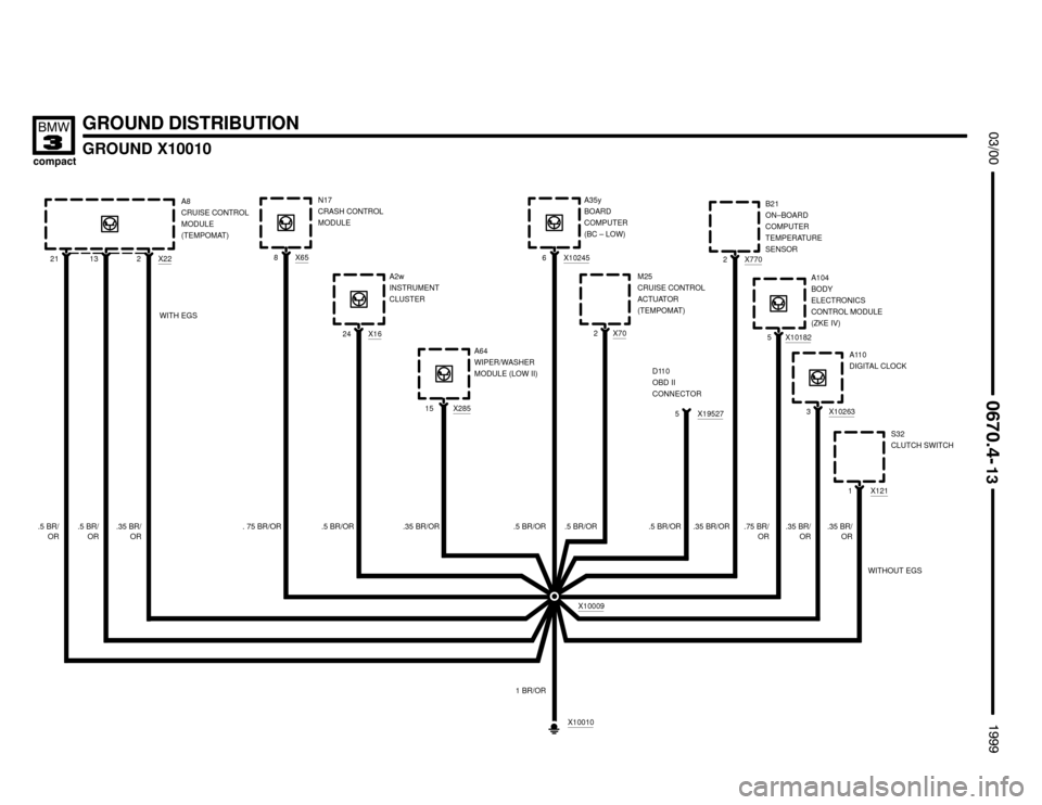 BMW 318ti 1999 E36 Electrical Troubleshooting Manual 
A35y
BOARD
COMPUTER
(BC – LOW)
X658
GROUND DISTRIBUTION
GROUND X10010





.5 BR/OR
X1624
A64
WIPER/WASHER
MODULE (LOW II)
.5 BR/OR
. 75 BR/ORN17
CRASH CONTROL
MODULE
A